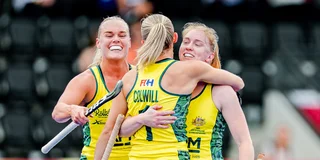 Blijdschap bij Australië na een doelpunt van Claire Colwill. Foto: Worldsportpics/Ewout Pahud de Mortanges